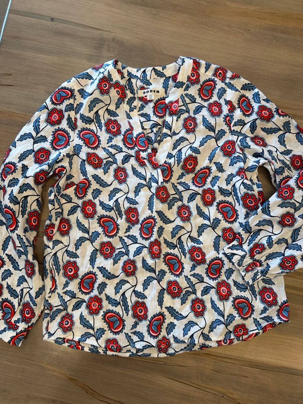 Boden White Blouse with Red and Blue Floral Print